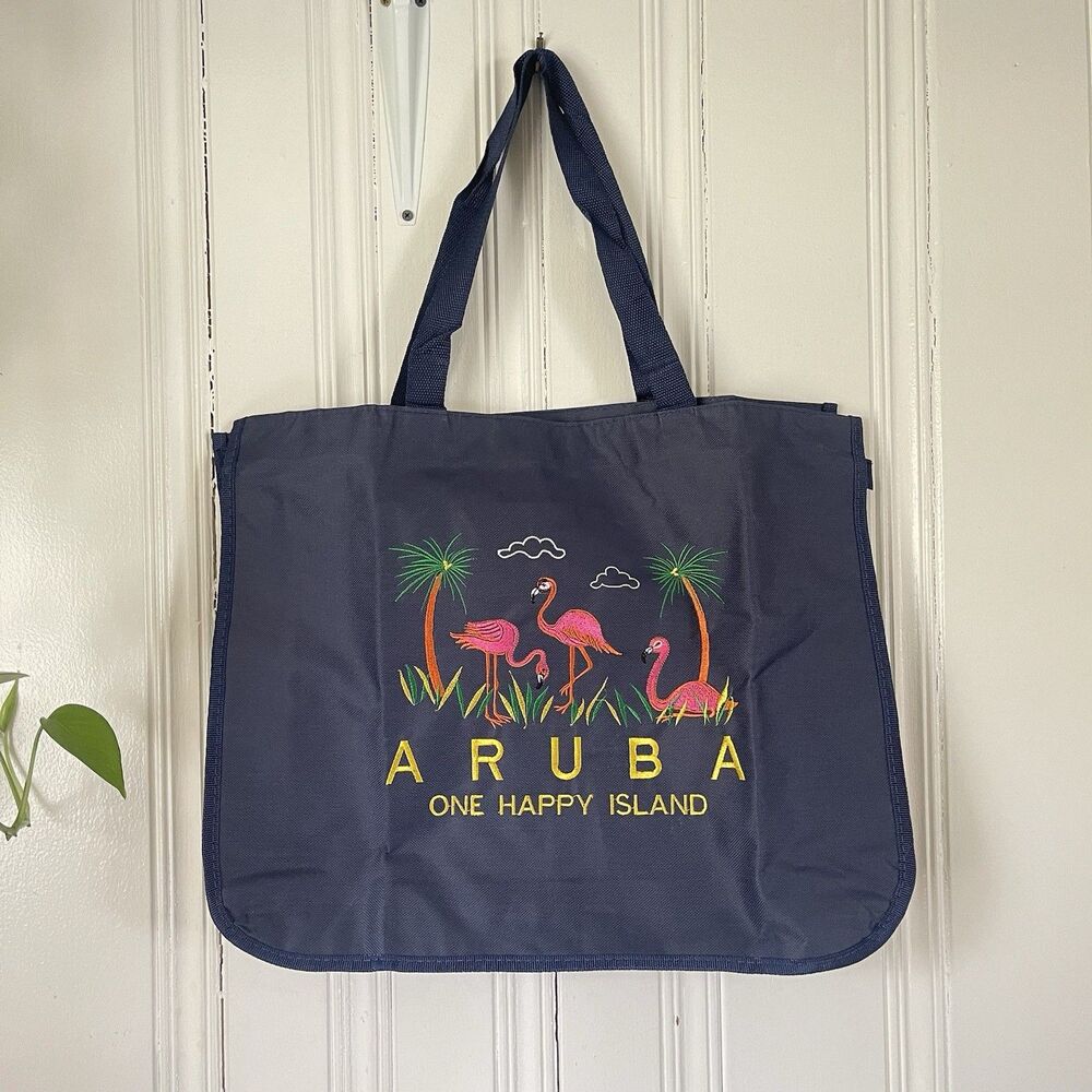 Aruba One Happy Island Blue Embroidered Caribbean Sea Large Canvas Tote Bag